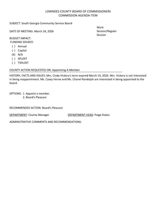 [Cindy Vickery's term has expired. Casey Horne and Chanel Randolph want to be appointed.]