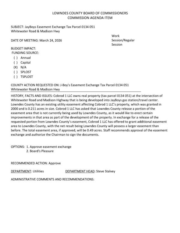 [Cobrod 1 LLC has asked that Lowndes County release a portion of the easement area that is not currently being used by Lowndes County, as it would like to erect certain improvements in that area as part of the development of the property. In exchange for a release of the requested portion from Lowndes County’s easement, Cobrod 1 LLC has offered to grant additional easement area to Lowndes County, with the net result being Lowndes County will possess a larger easement than before. The total easement area, if approved, will be 0.49 acres.]