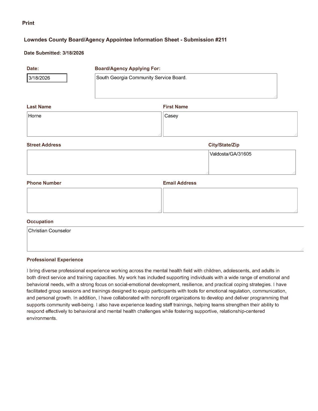 Application of Casey Horne