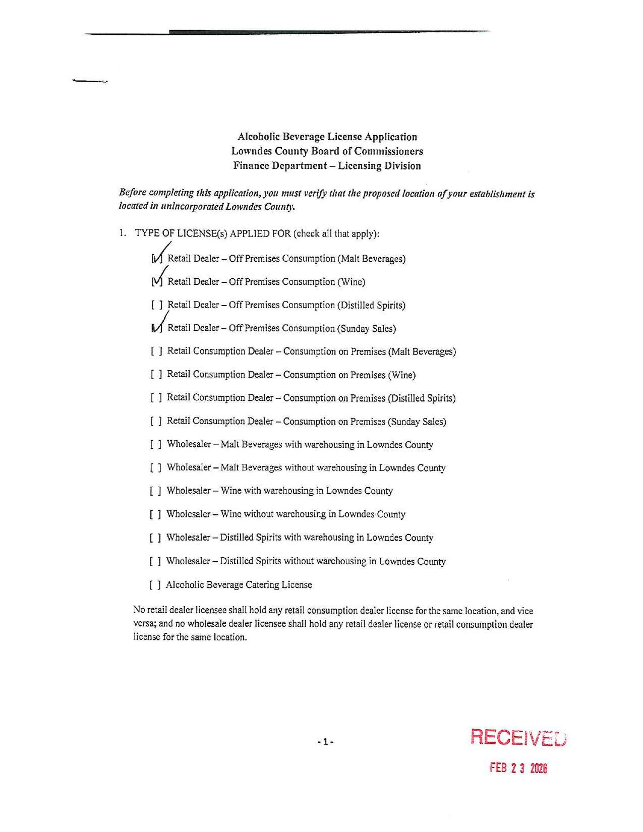 Alcoholic Beverage License Application