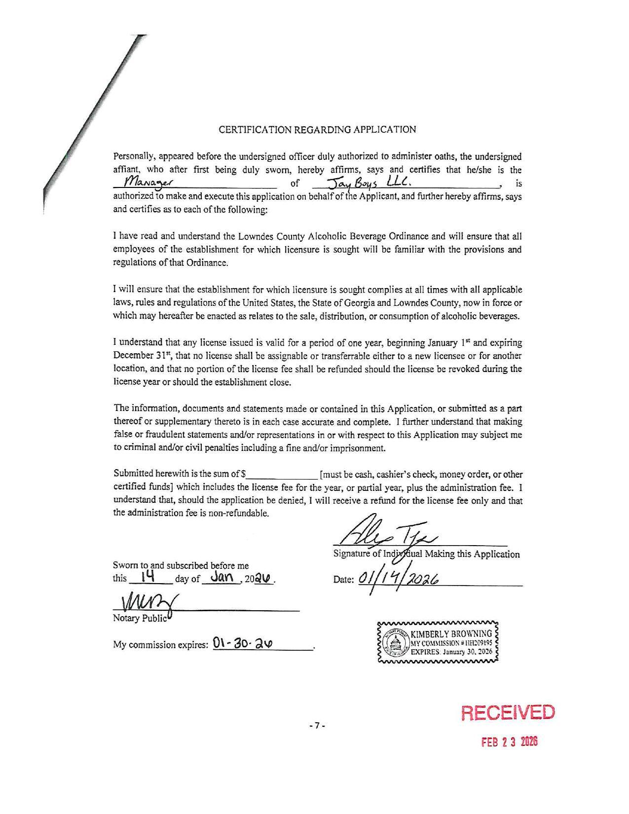 CERTIFICATION REGARDING APPLICATION