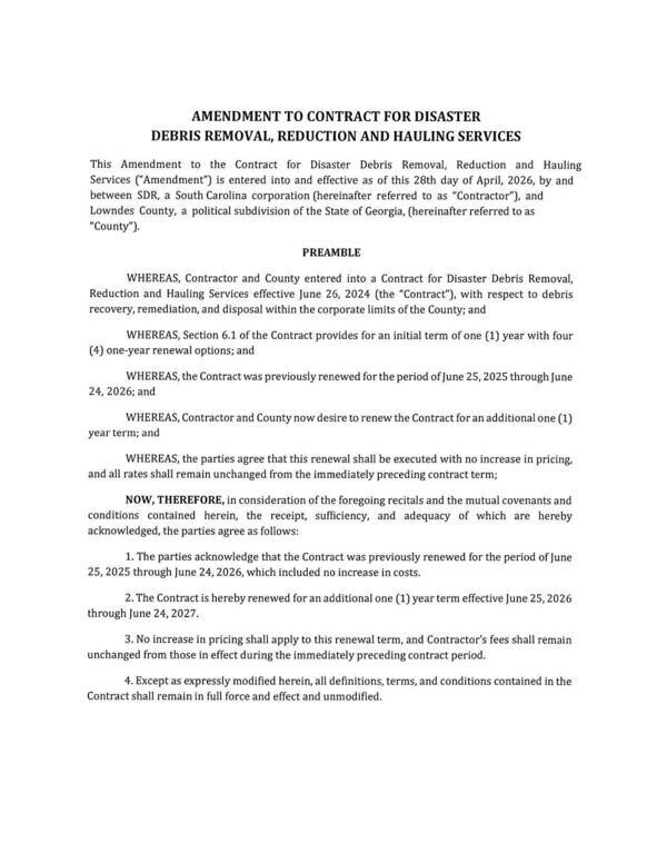 DRC AMENDMENT TO CONTRACT FOR DISASTER DEBRIS REMOVAL, REDUCTION AND HAULING SERVICES