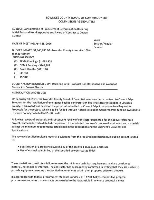 [Current Edge Solutions failed to meet requirements. BUDGET IMPACT: $1,845,280.00 - Lowndes County to receive 100%]