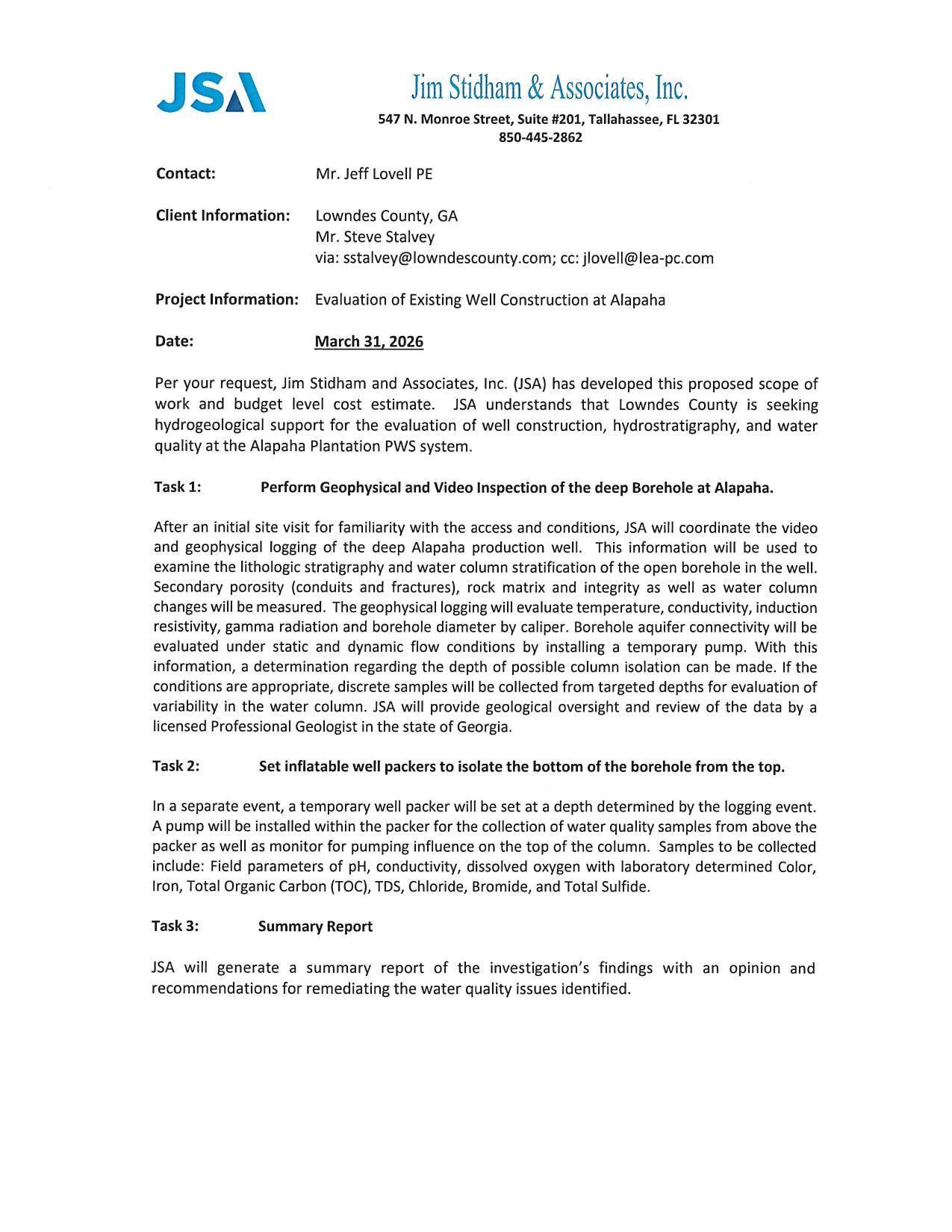 Existing Well at Alapaha: Jim Stidham and Associates, Inc. (JSA) proposed scope of work and budget level cost estimate.