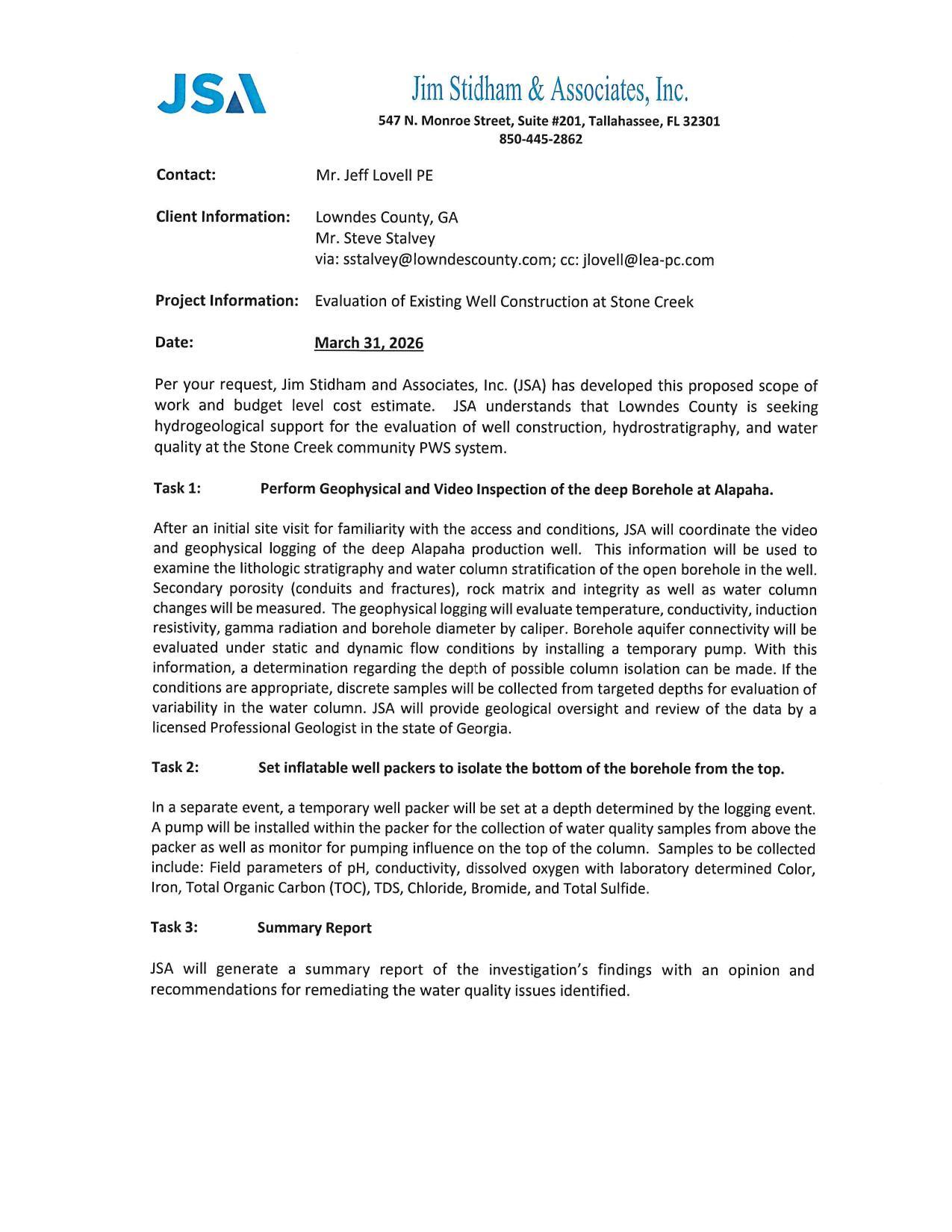 Existing Well at Stone Creek: Jim Stidham and Associates, Inc. (JSA) proposed scope of work and budget level cost estimate.