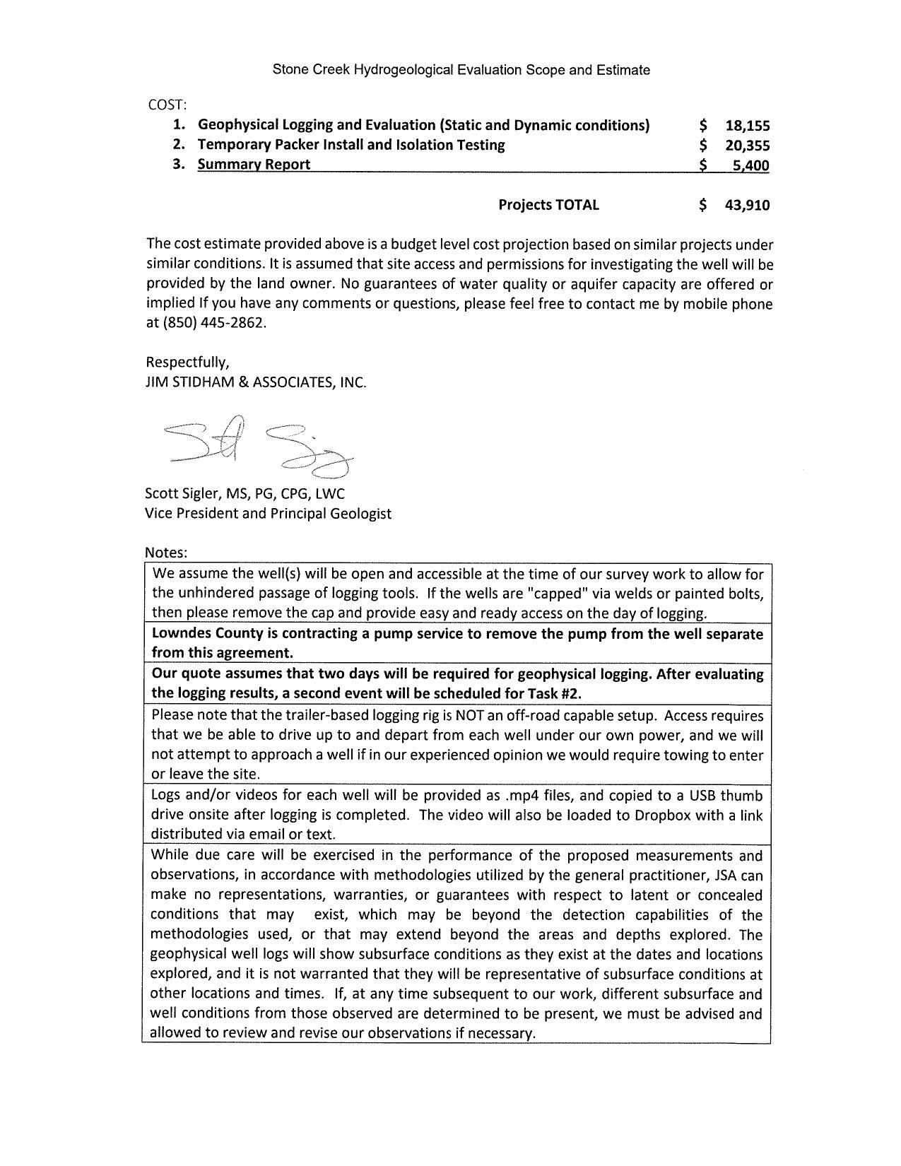 Stone Creek Hydrogeological Evaluation Scope and Estimate