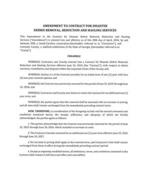 [DRC AMENDMENT TO CONTRACT FOR DISASTER DEBRIS REMOVAL, REDUCTION AND HAULING SERVICES]