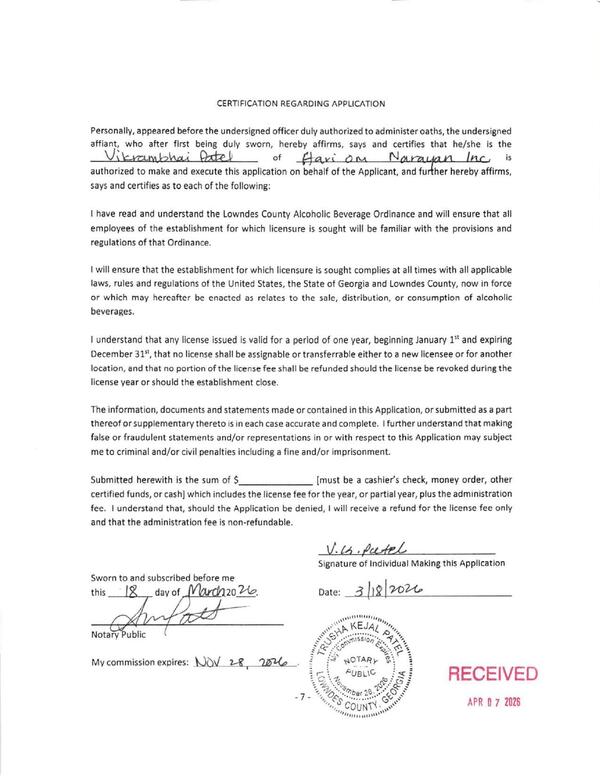CERTIFICATION REGARDING APPLICATION