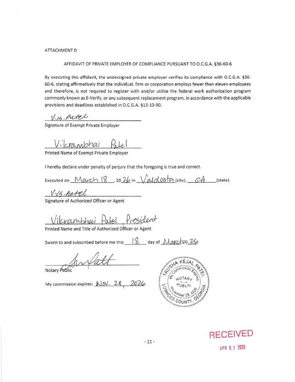 AFFIDAVIT OF PRIVATE EMPLOYER OF COMPLIANCE PURSUANT TO O.C.G.A. §36-60-6