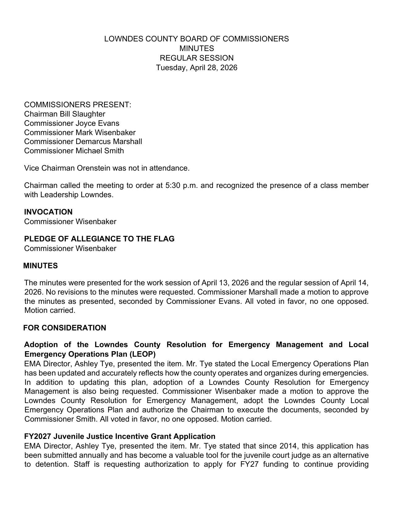 EMA Director, Ashley Tye, presented the item. Mr. Tye stated the Local Emergency Operations Plan