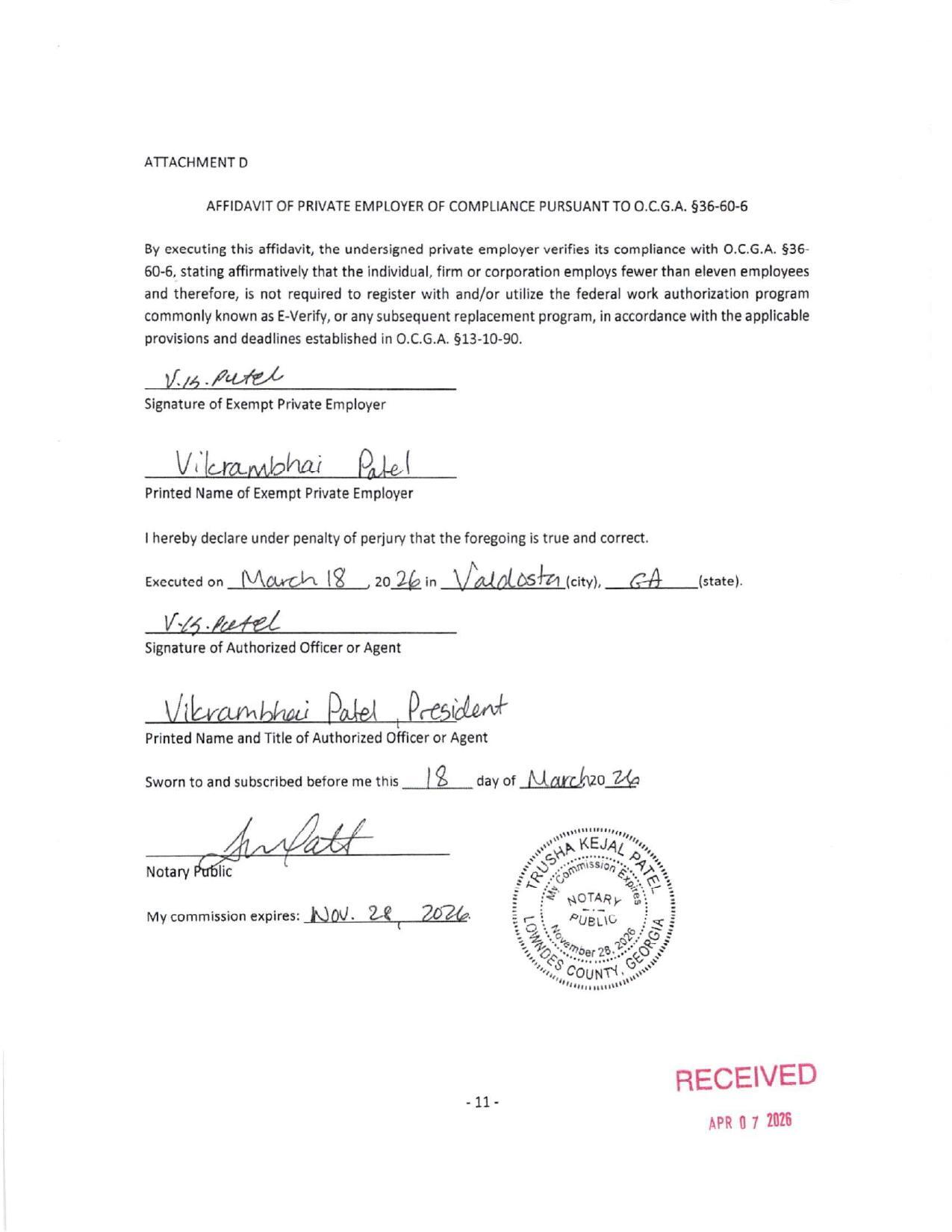AFFIDAVIT OF PRIVATE EMPLOYER OF COMPLIANCE PURSUANT TO O.C.G.A. §36-60-6