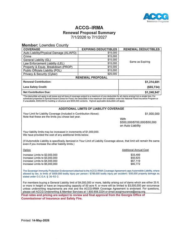 ACCG-IRMA Renewal Proposal Summary