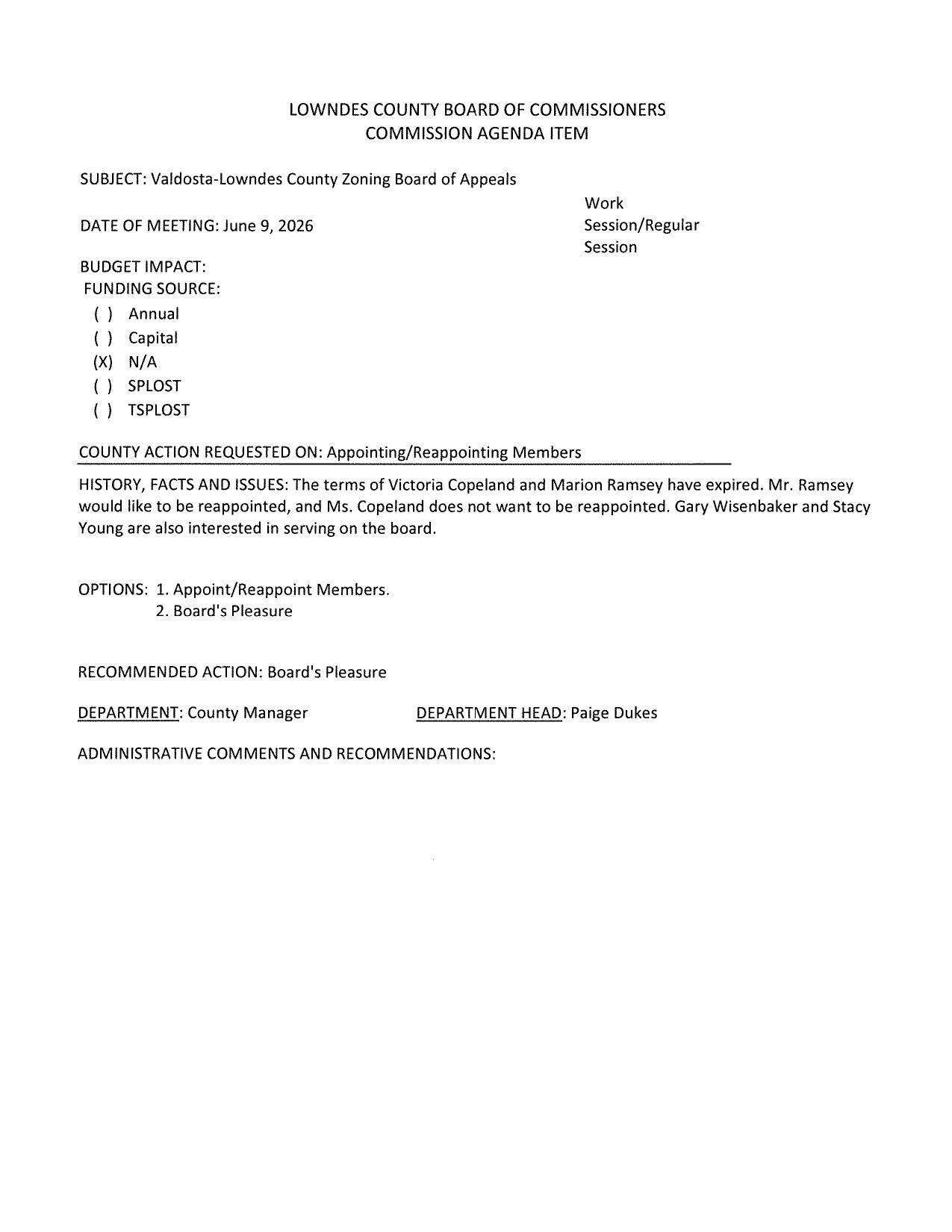 Marion Ramsey wants to be reappointed. Victoria Copeland does not. Gary Wisenbaker and Stacy Young are also interested in serving on the board.