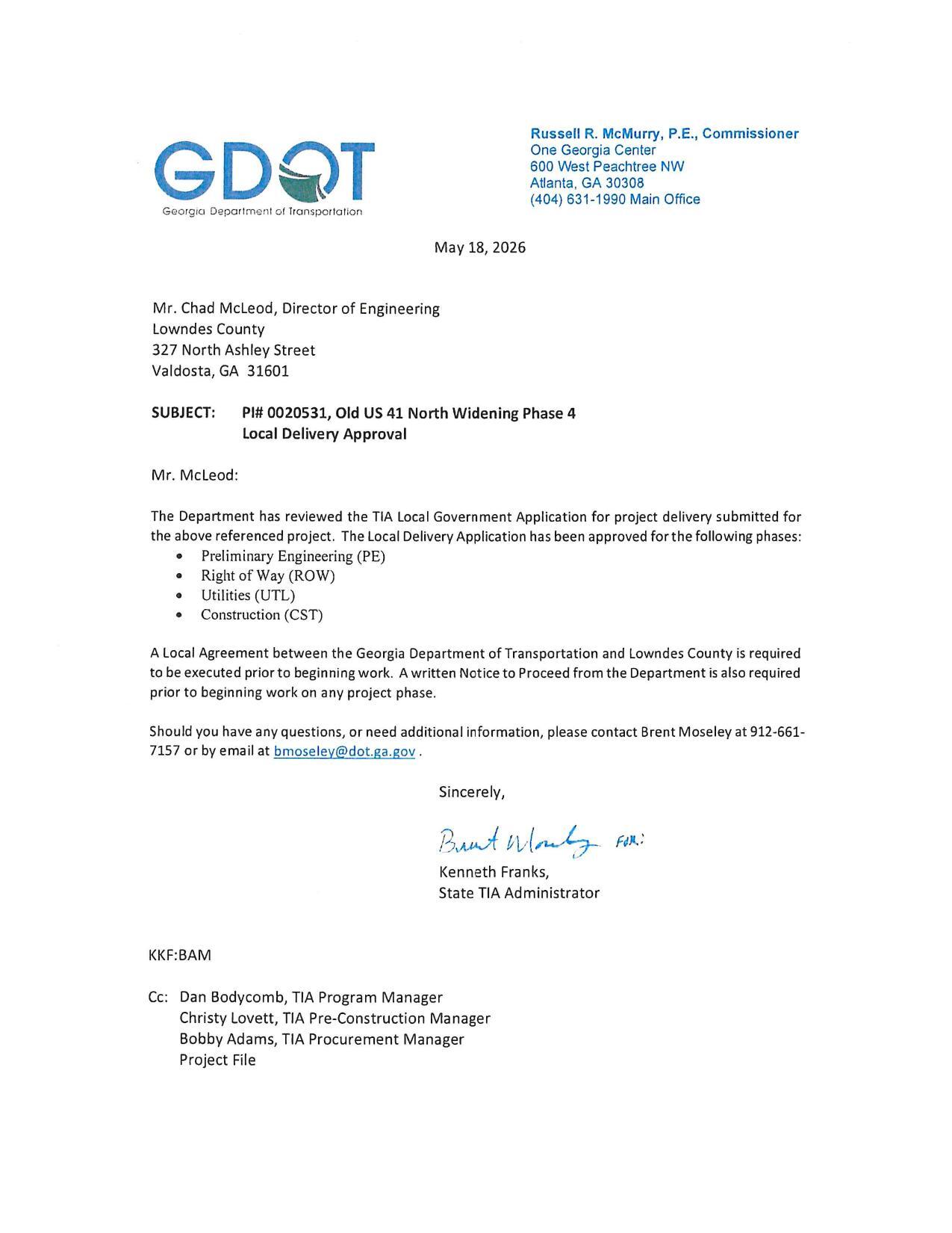 SUBJECT: — PI# 0020531, Old US 41 North Widening Phase 4 Local Delivery Approval