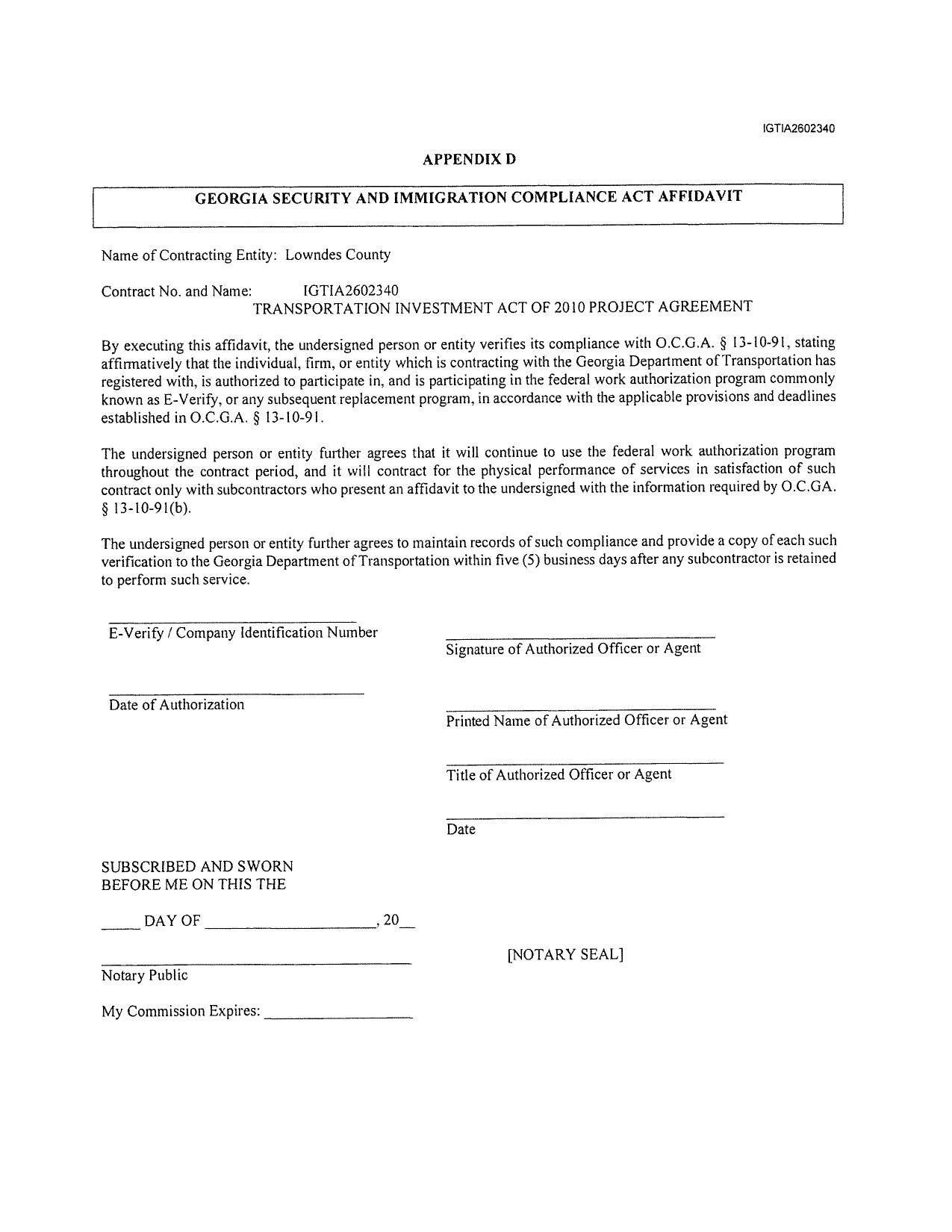 APPENDIX D: GEORGIA SECURITY AND IMMIGRATION COMPLIANCE ACT AFFIDAVIT