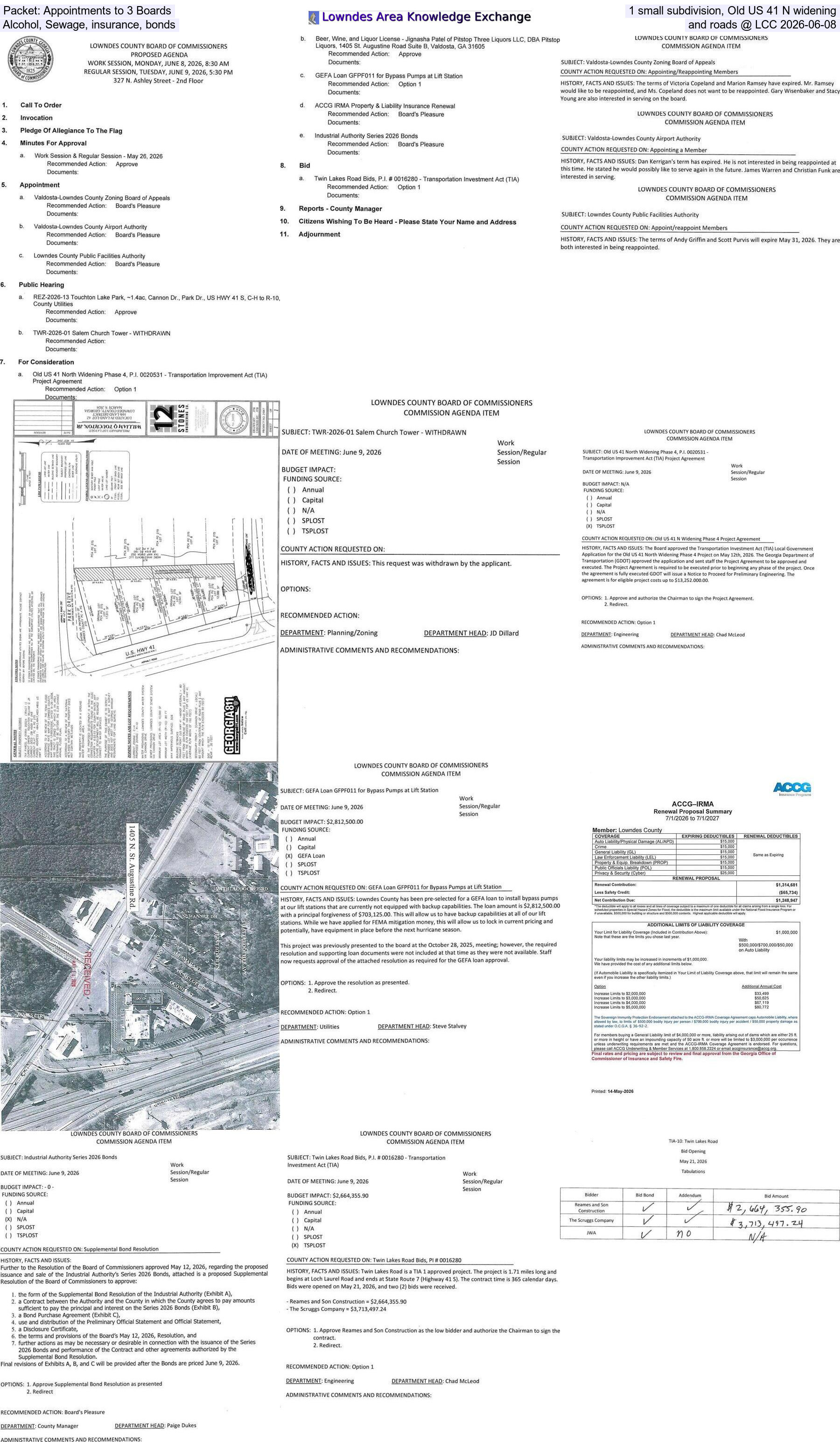 [Packet: Appointments to 3 Boards, 1 small subdivision, Old US 41 N widening, Alscol, Sewage, insurance, bonds, and roads @ LCC 2026-06-08]