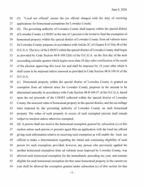Section 1. (b) The governing authority of Lowndes County shall impose within the special district of Lowndes County a LHOST at the rate of 1 percent to be levied to fund the exemption of homestead property within the special district of Lowndes County from ad valorem taxes...