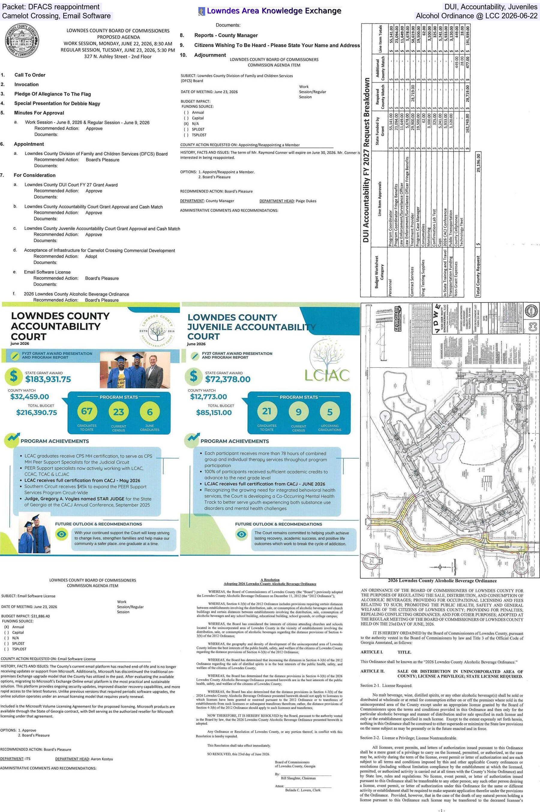 [Packet: DFACS reappointment, DUI, Accountability, Juveniles, Camelot Crossing, Email Software, Alcohol Ordinance @ LCC 2026-06-22]