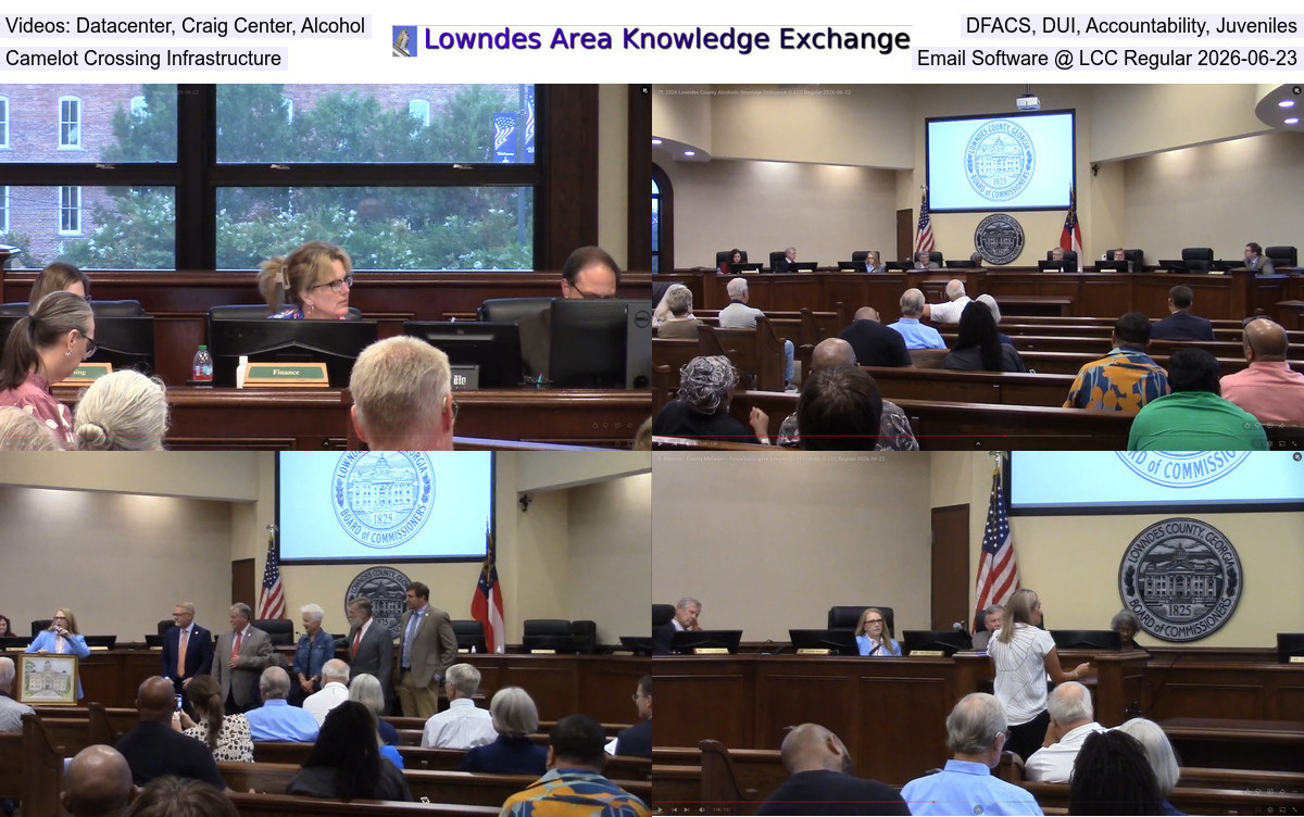 [Collage: Datacenter, Craig Center, Alcohol Ordinance, DFACS, DUI, Accountability, Juveniles, Camelot Crossing Infrastructure, Email Software @ LCC Regular 2026-06-23]