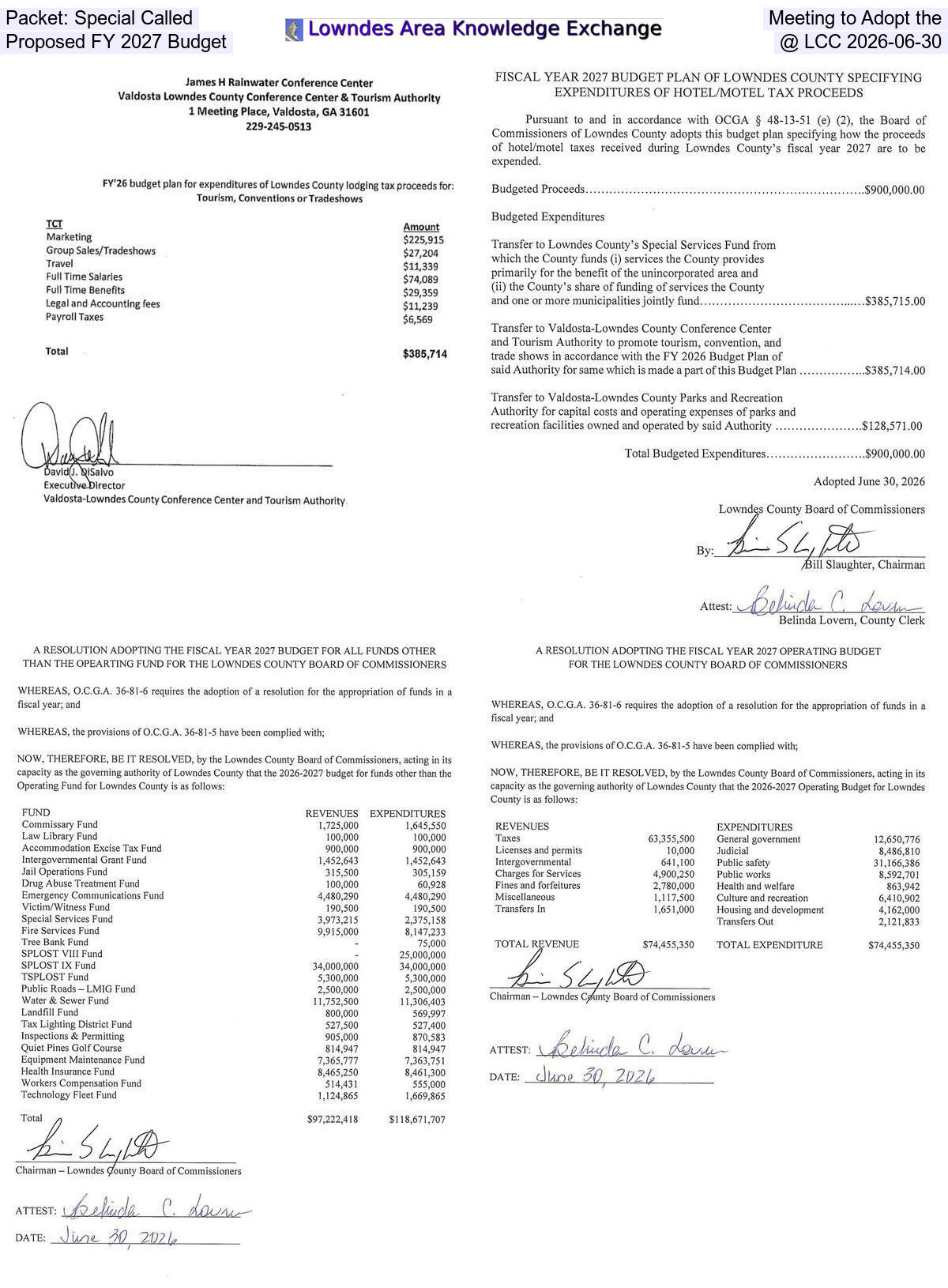 Packet: Special Called Meeting to Adopt the Proposed FY 2027 Budget @ LCC 2026-06-30