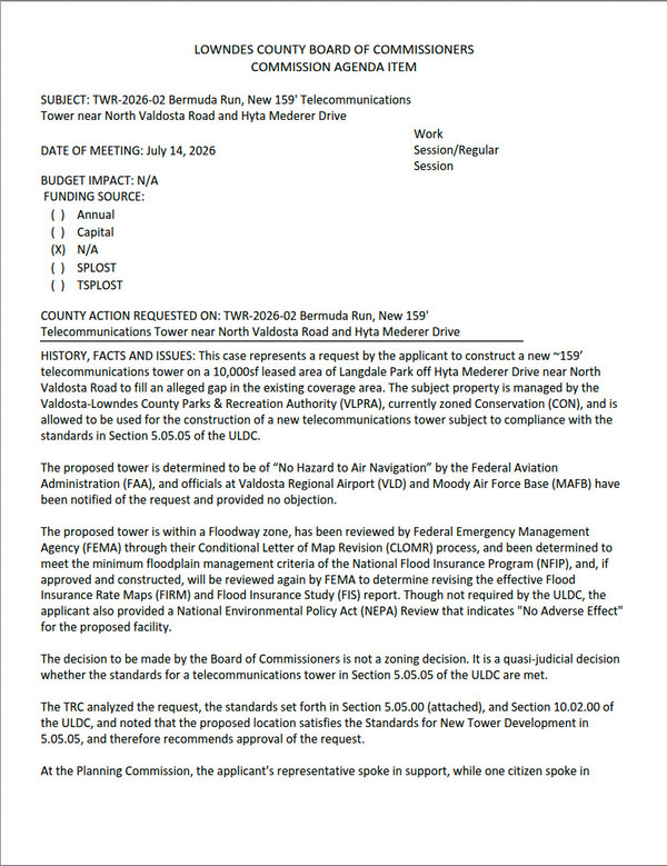 6.b. TWR-2026-02 Bermuda Run, New 159' Telecommunications Tower Near North Valdosta Road And Hyta Mederer Drive