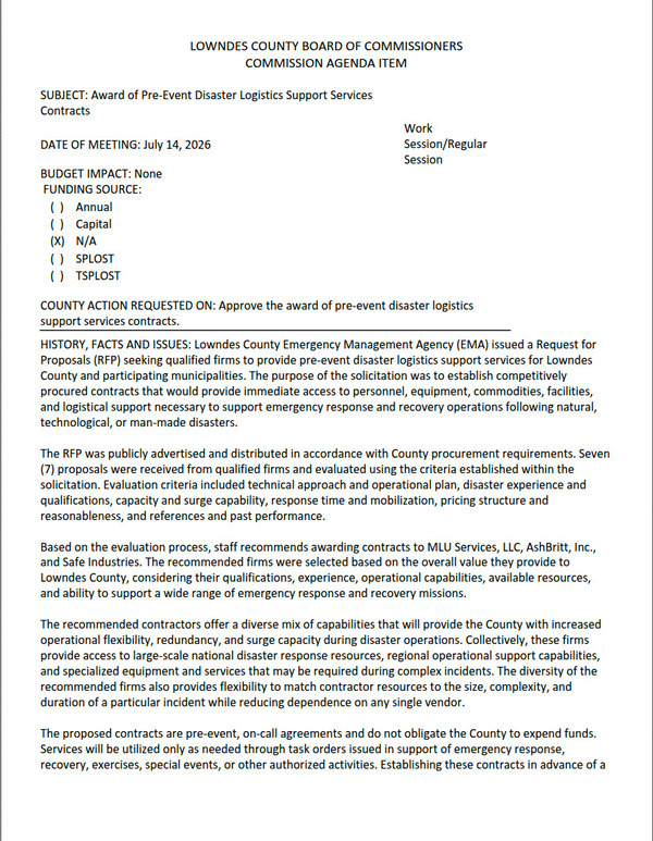 7.a. Award Of Pre-Event Disaster Logistics Support Services Contracts