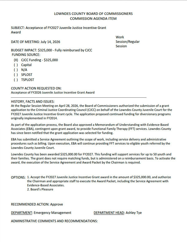 7.b. Acceptance Of FY2027 Juvenile Justice Incentive Grant Award