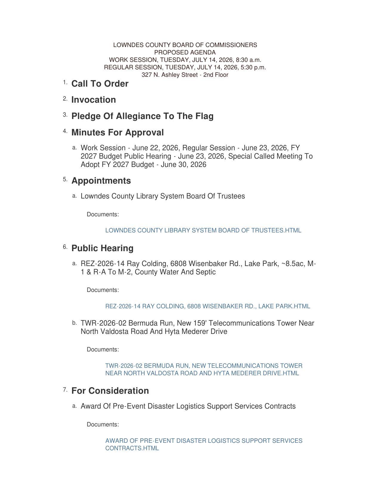 Library Board, Wisenbaker Road rezoning, communications tower in Langdale Park, Pre-Disaster Logistics