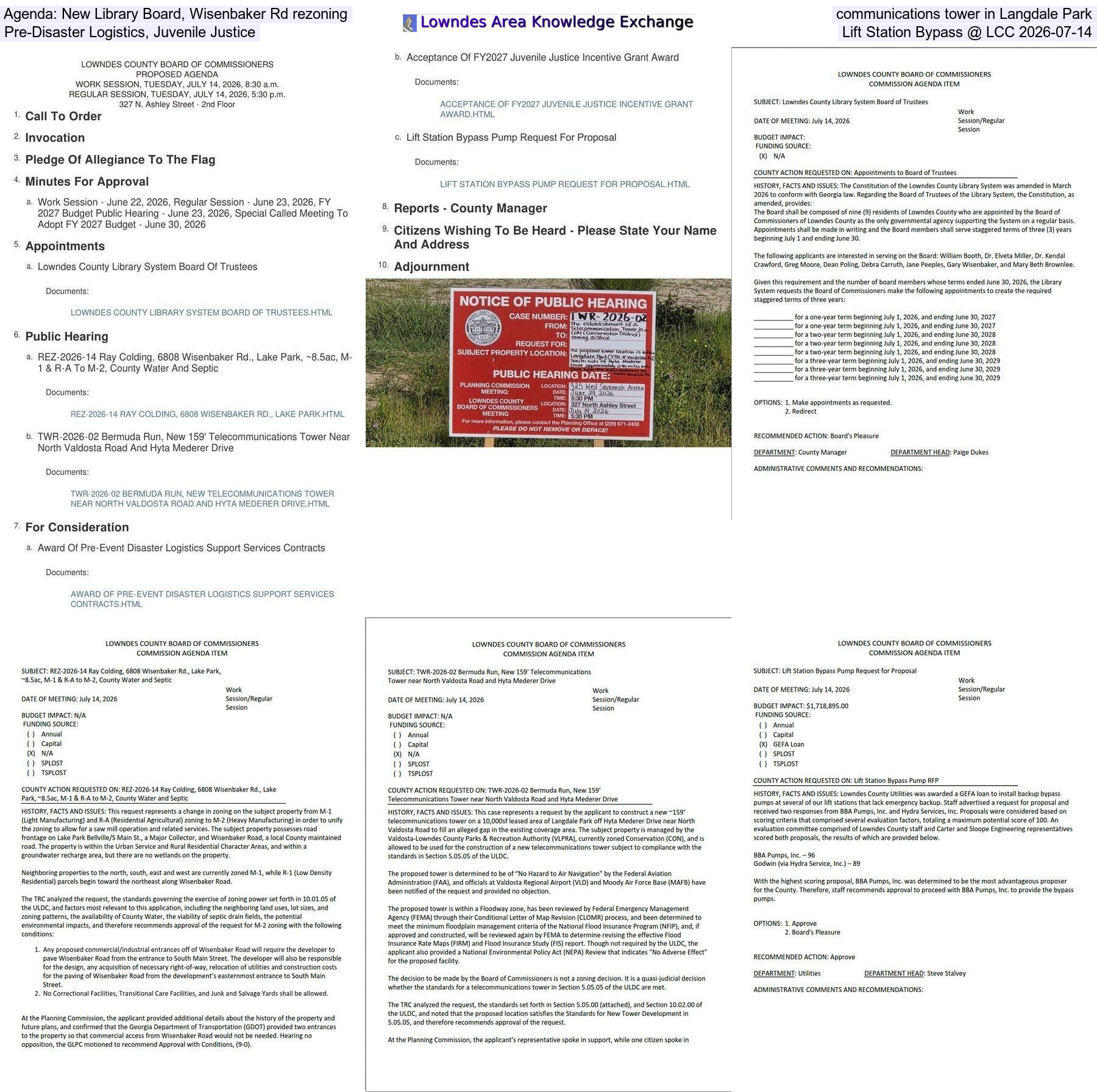 Agenda: New Library Board, Wisenbaker Rd rezoning, communications tower in Langdale Park, Pre-Disaster Logistics, Juvenile Justice, Lift Station Bypass @ LCC 2026-07-14