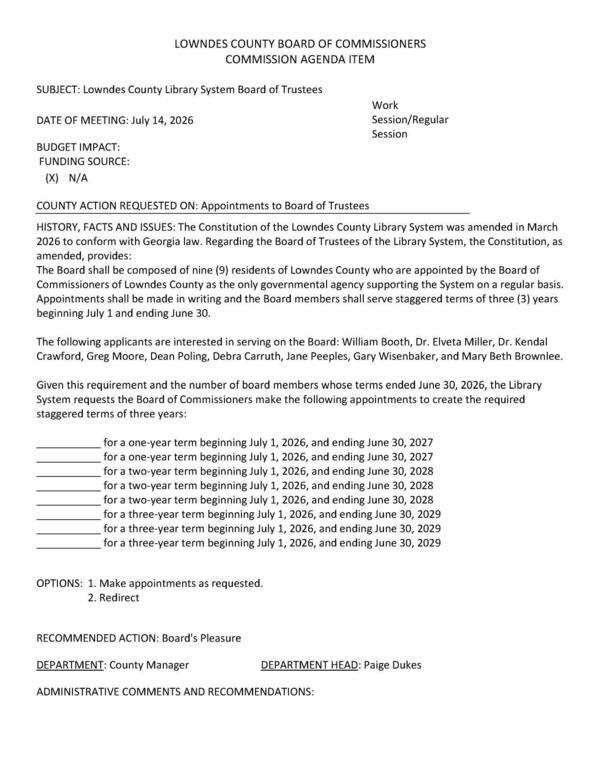 [The Board shall be composed of nine (9) residents of Lowndes County who are appointed by the Board of Commissioners of Lowndes County as the only governmental agency supporting the System on a regular basis.]