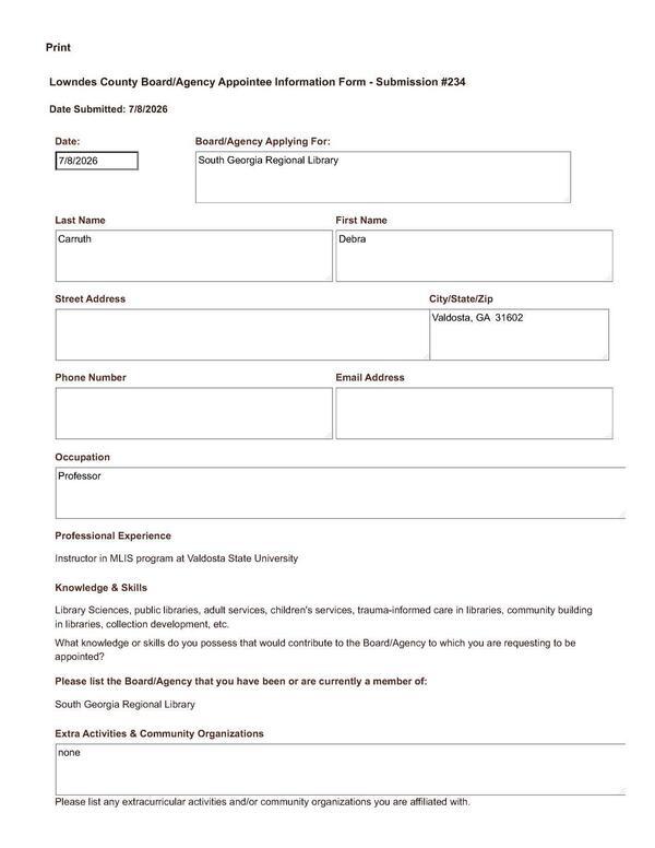 Application of Debra Carruth