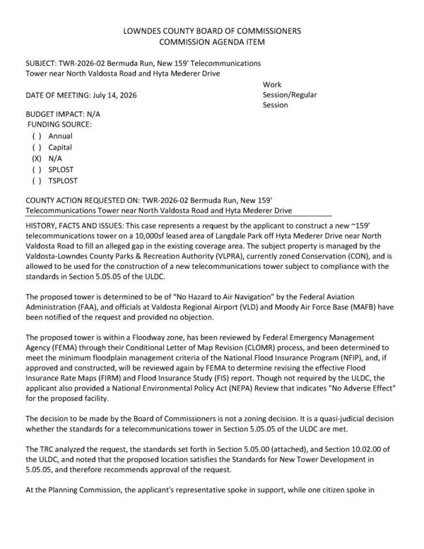 [The decision to be made by the Board of Commissioners is not a zoning decision. It is a quasi-judicial decision whether the standards for a telecommunications tower in Section 5.05.05 of the ULDC are met.]