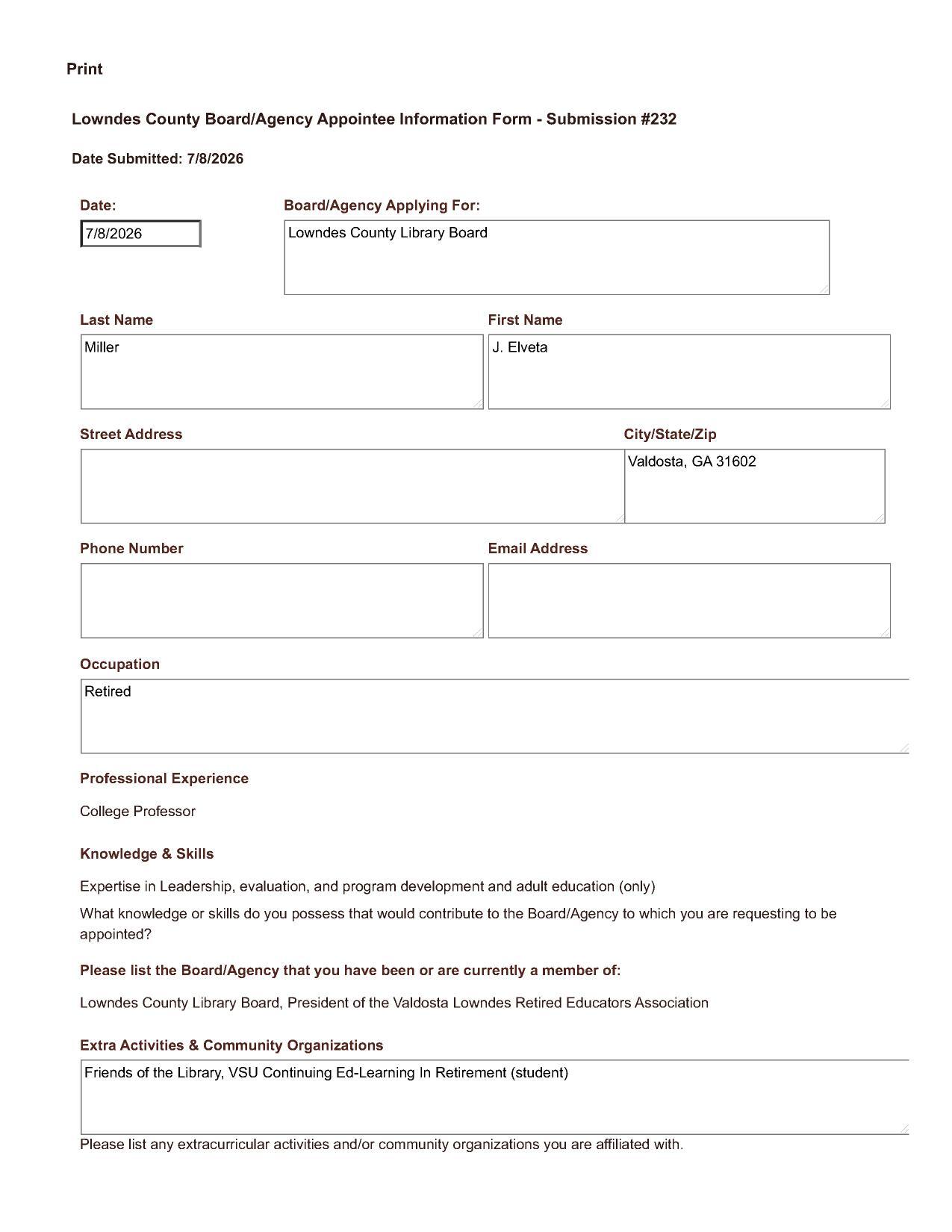 Application of J. Elveta Miller