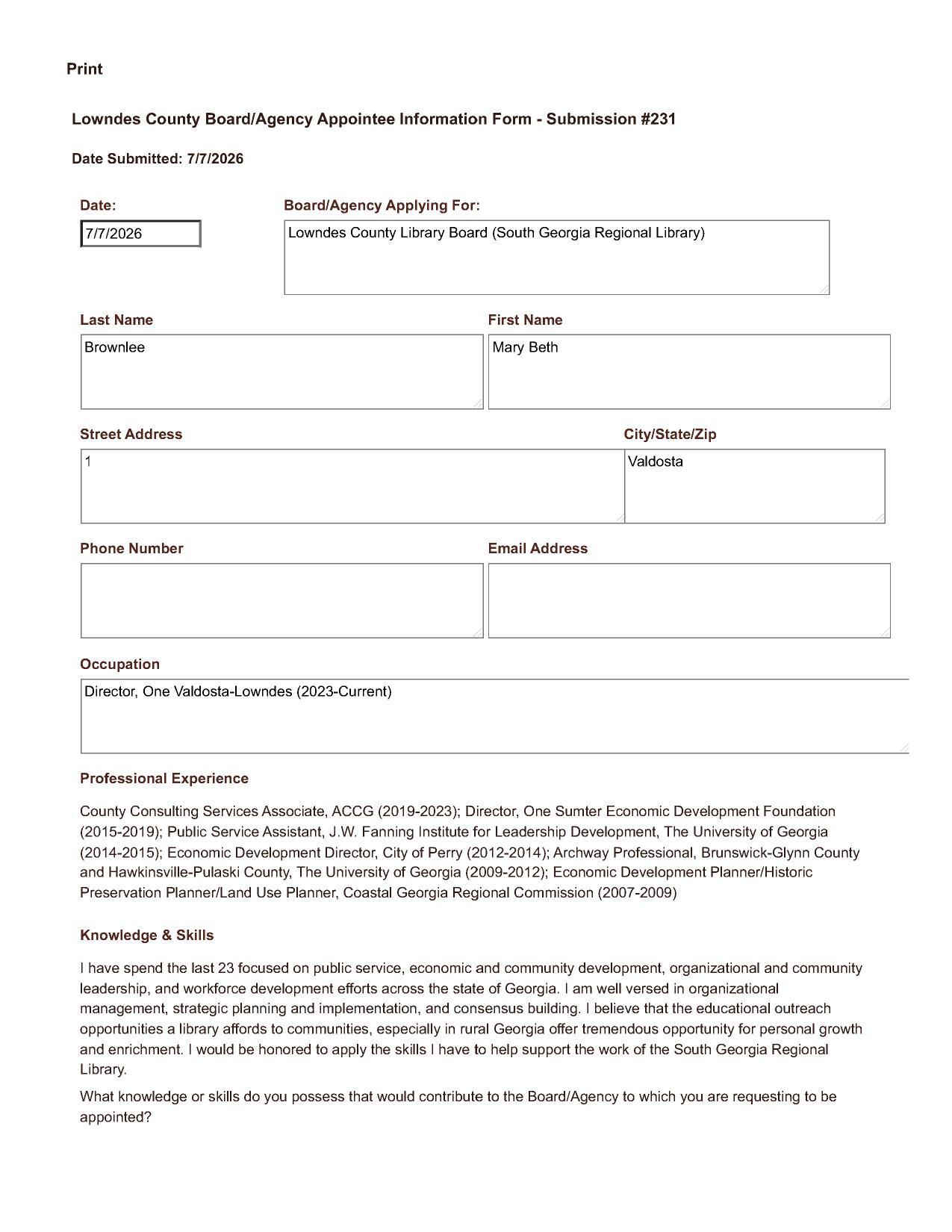 Application of Mary Beth Brownlee