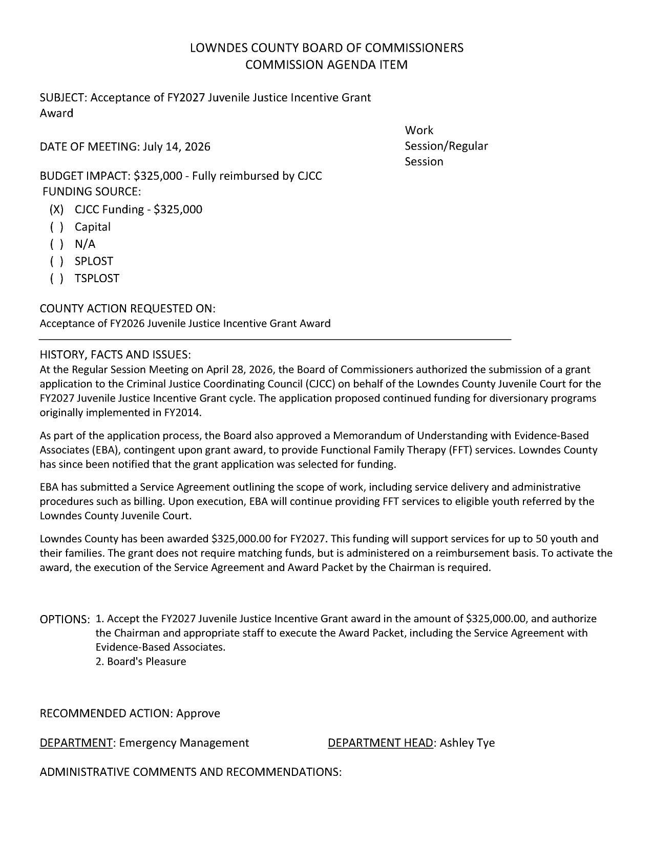 BUDGET IMPACT: $325,000 - Fully reimbursed by CJCC
