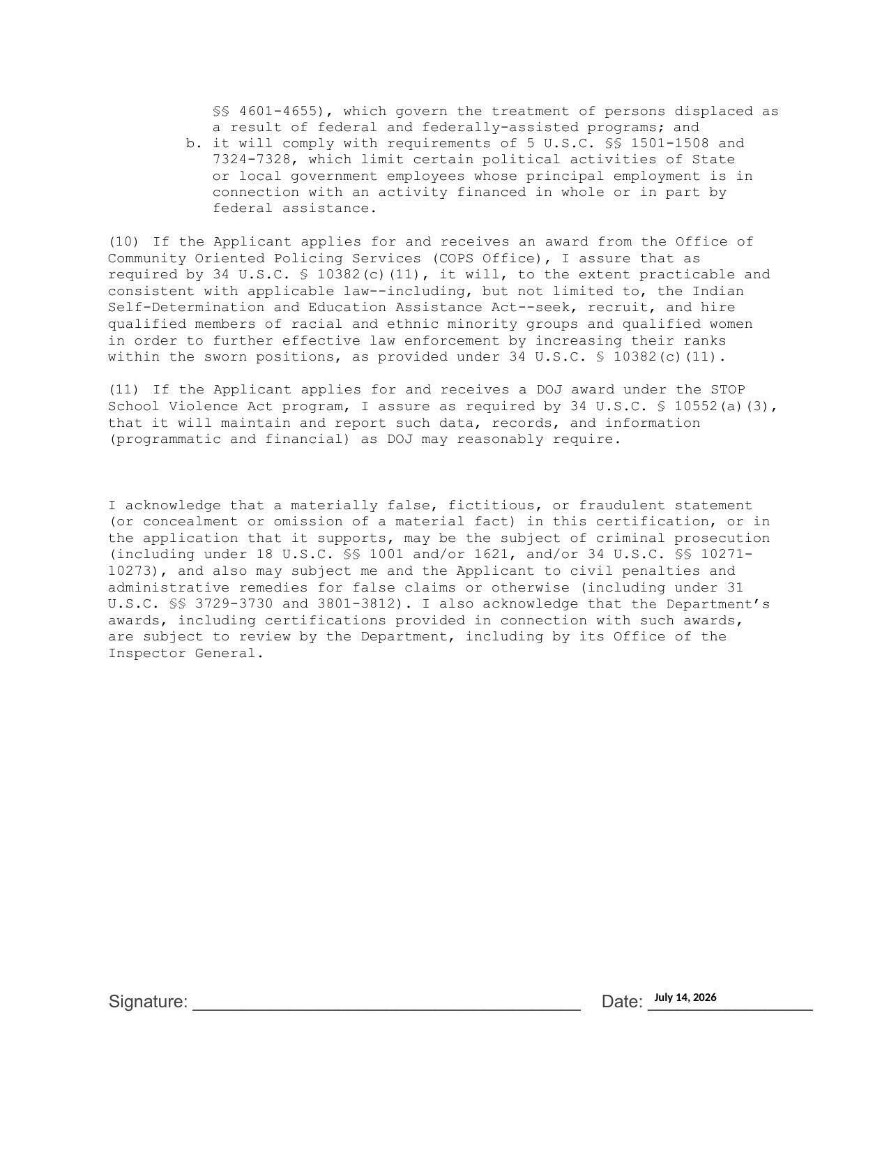 School Violence Act program, I assure as required by 34 U.S.C. § 10552(a) (3),