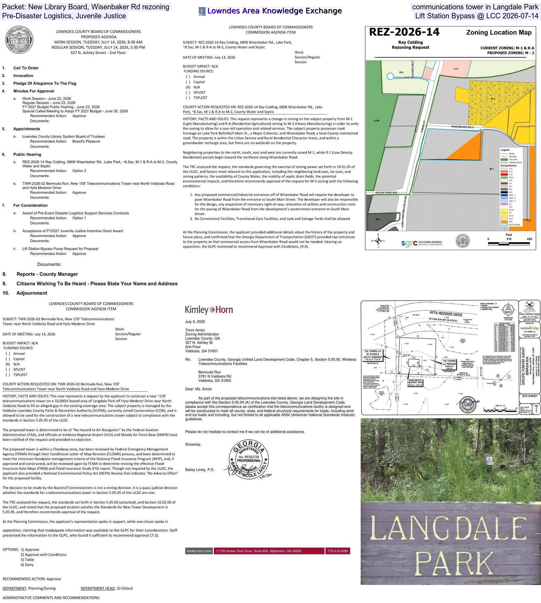 [Packet: New Library Board, Wisenbaker Rd rezoning, communications tower in Langdale Park, Pre-Disaster Logistics, Juvenile Justice, Lift Station Bypass @ LCC 2026-07-14]