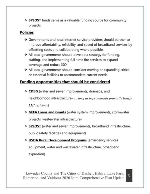 Policies, Funding opportunities that should be considered