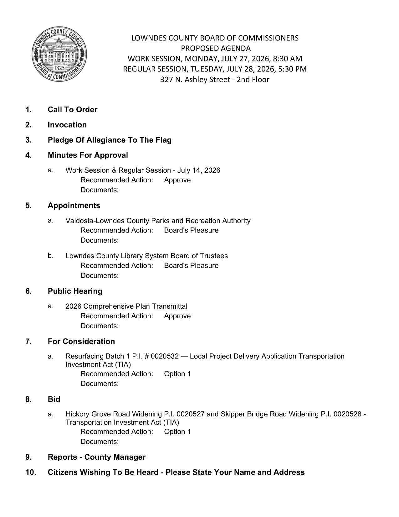 PROPOSED AGENDA