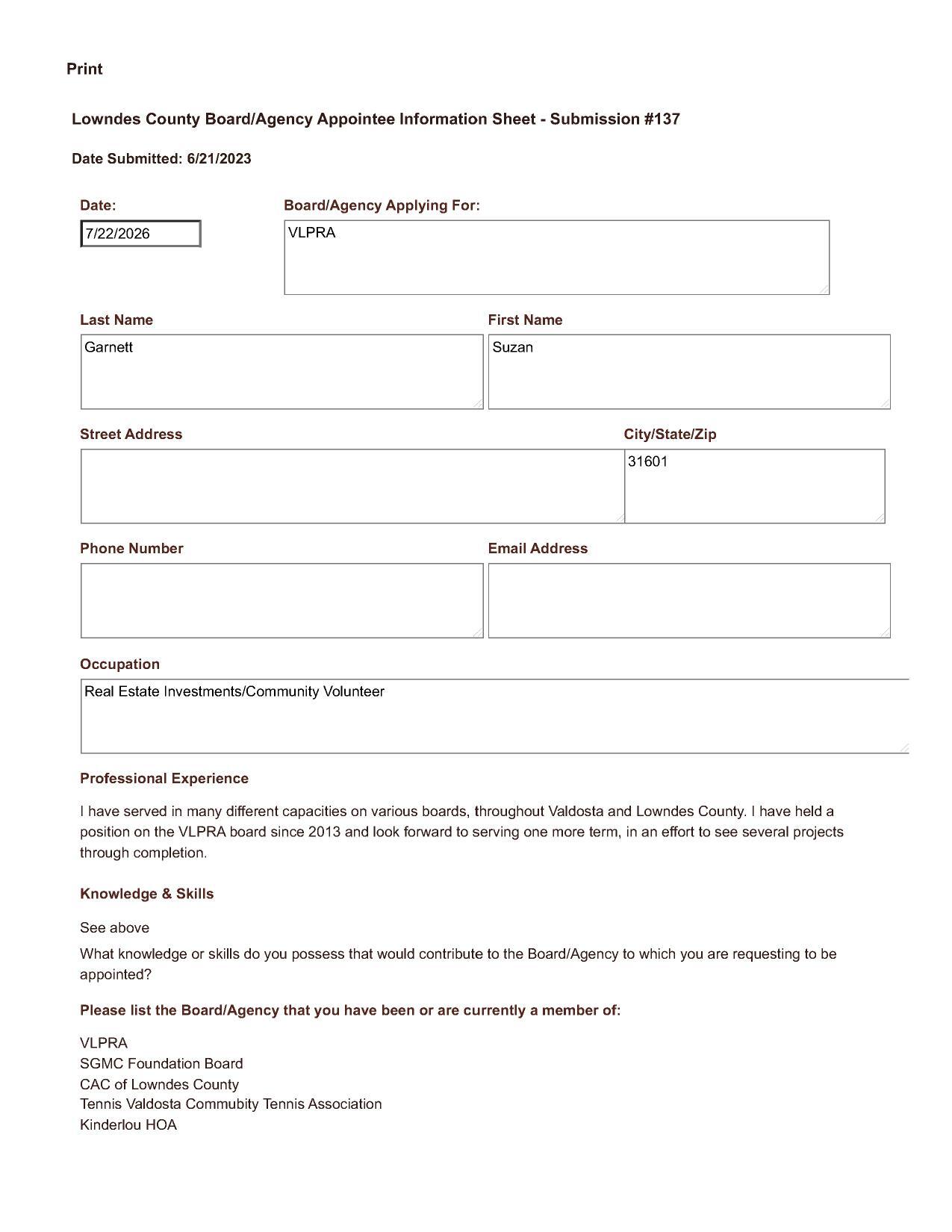 Suzan Garnett application