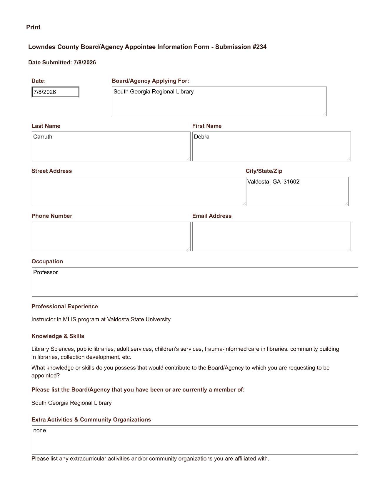 Debra Carruth application