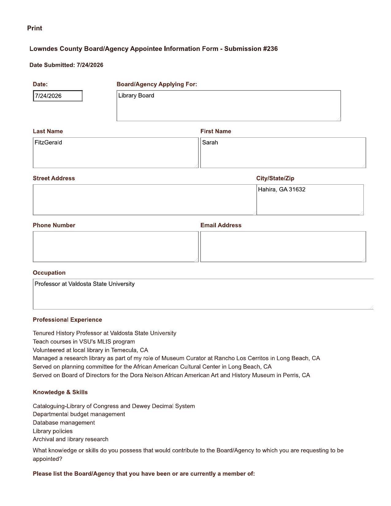 Sarah FitzGerald application