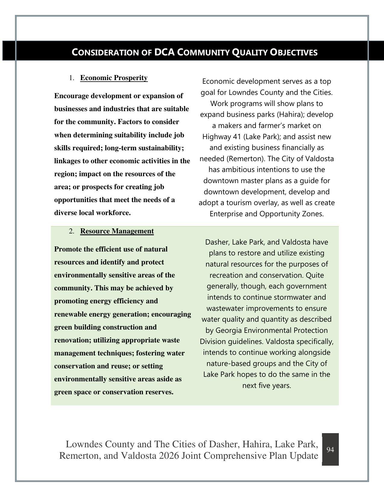 CONSIDERATION OF DCA COMMUNITY QUALITY OBJECTIVES