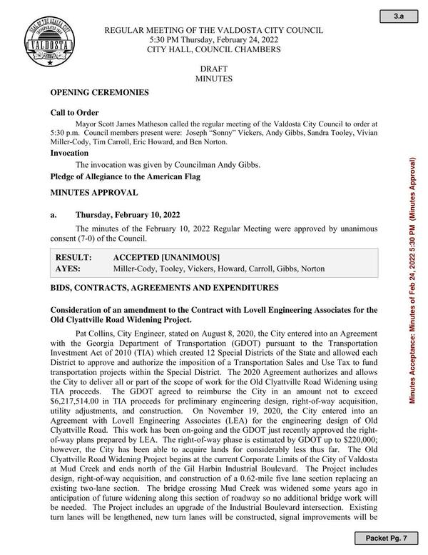 Contract with Lovell Engineering Ass. for Old Clyattville Road Widening Project