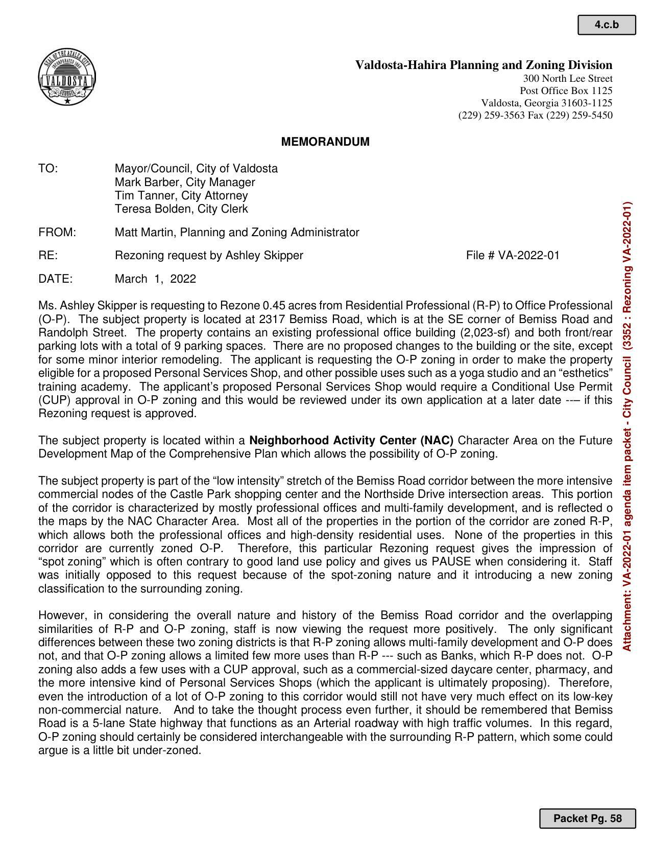 MEMORANDUM: Rezoning request by Ashley Skipper File # VA-2022-01