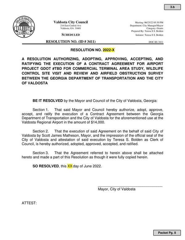 Ordinance: authorize, adopt, approve, accept, and ratify the execution of a Contract Agreement between the Georgia Department of Transportation and the City of Valdosta for the aforementioned use at the Valdosta Regional Airport in the amount of $14,000.