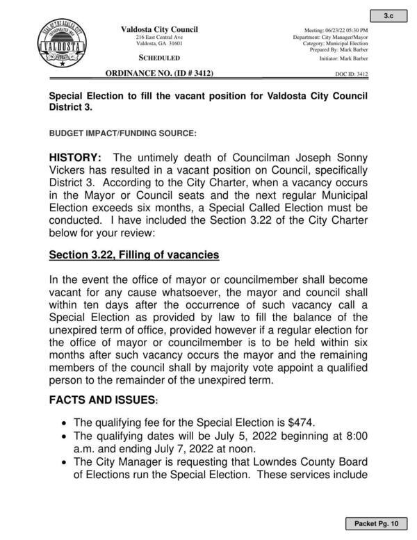 Charter requires Special Election to fill the vacant position for Valdosta City Council District 3.