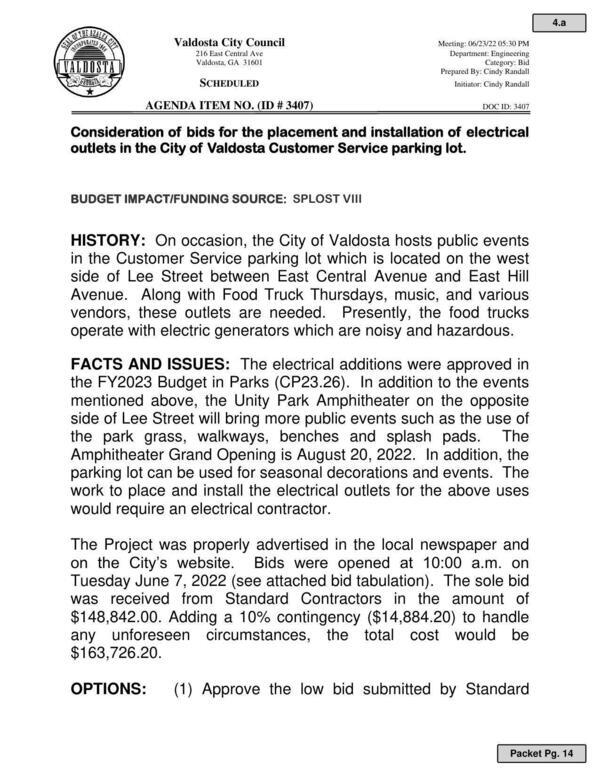 bids for the placement and installation of electrical outlets in the City of Valdosta Customer Service parking lot.