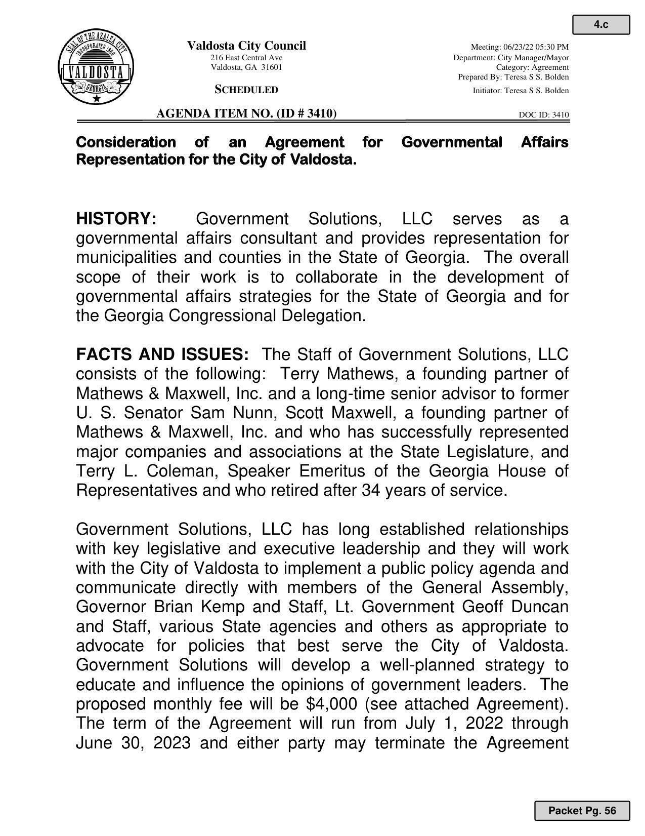Agreement for Representation for the City of Valdosta.