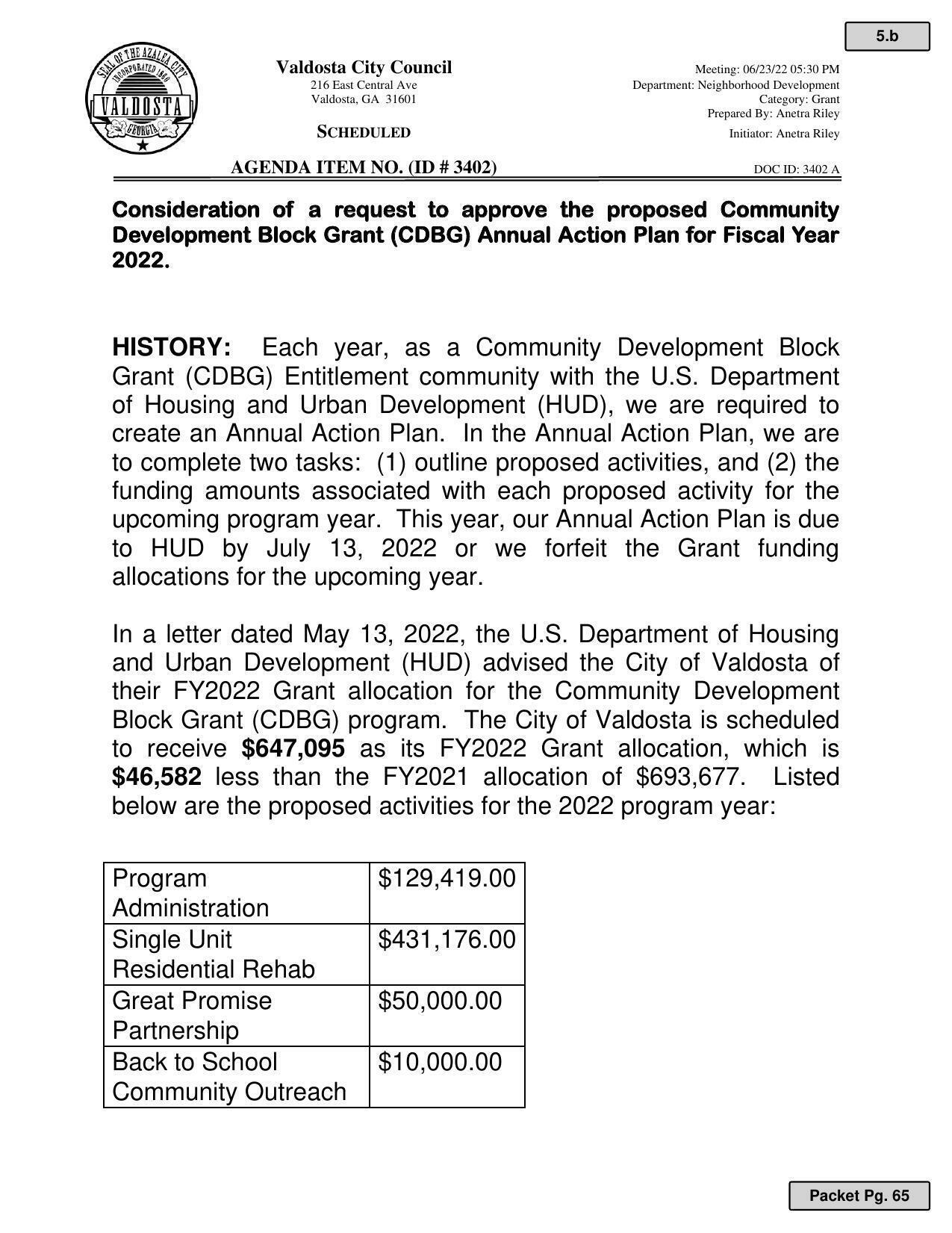 approve the proposed Community Development Block Grant (CDBG) Annual Action Plan for Fiscal Year 2022.